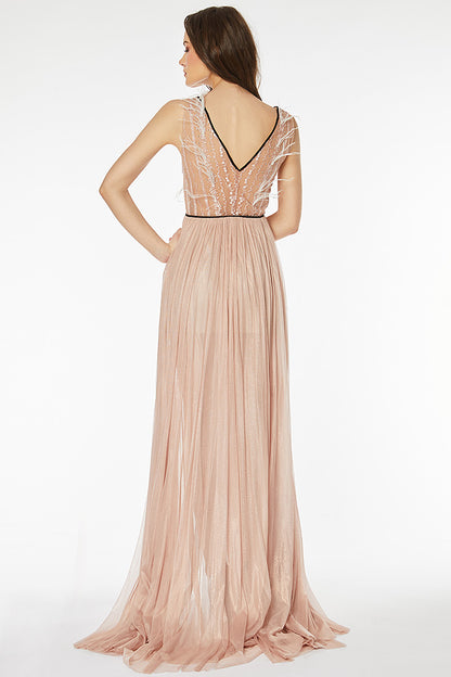 Rochie lunga de seara, eleganta, cu matase naturala si broderie cu pene R6H20