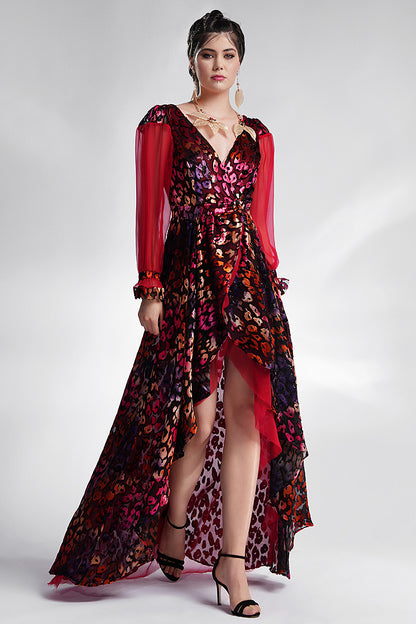 Rochie multicolora asimetrica cu maneci lungi din matase Alberta