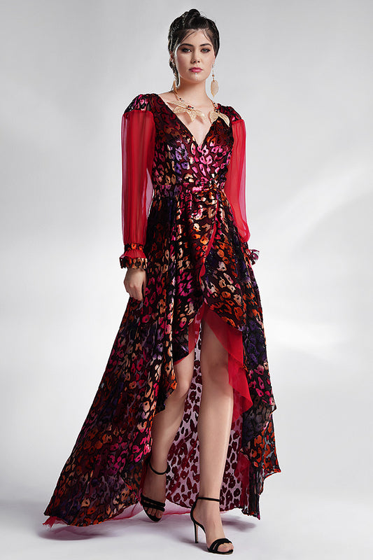 Rochie multicolora asimetrica cu maneci lungi din matase Alberta