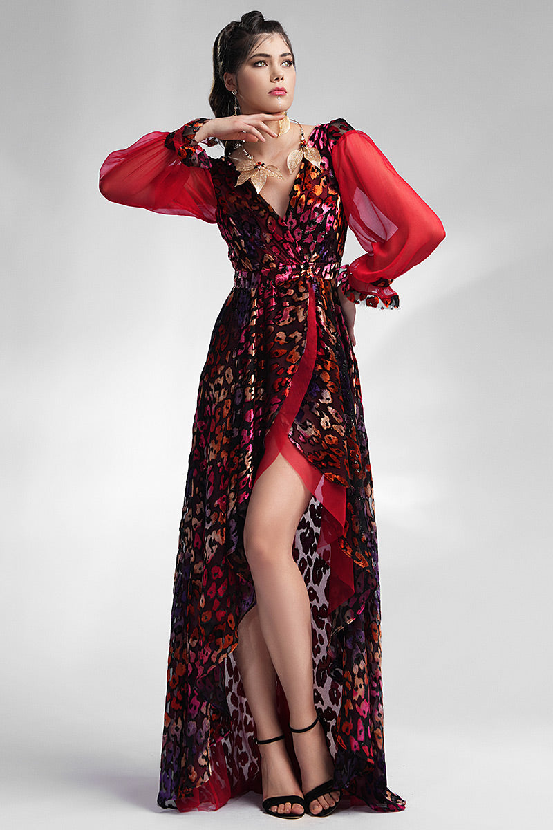 Rochie multicolora asimetrica cu maneci lungi din matase Alberta