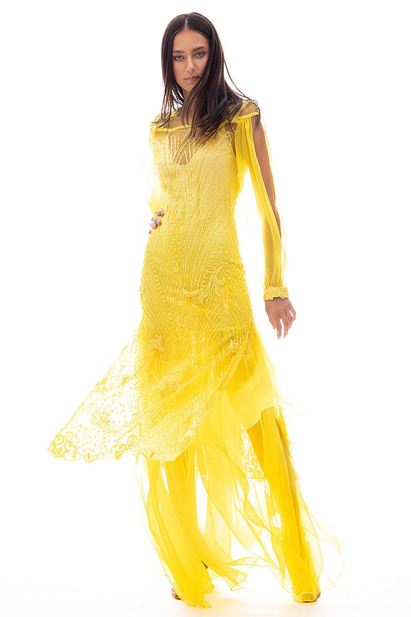 Rochie de seara lunga cu broderie si matase naturala si cu pantalon matase R6S19