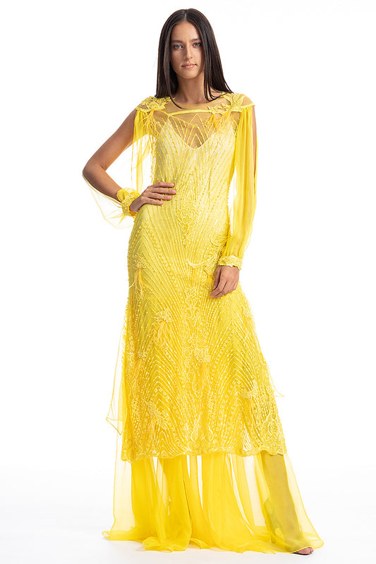 Rochie de seara lunga cu broderie si matase naturala si cu pantalon matase R6S19