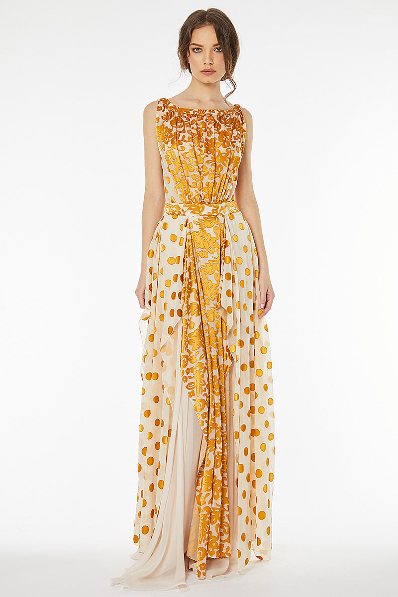 Rochie lunga de ocazie cu matase si buline aurii R7H20