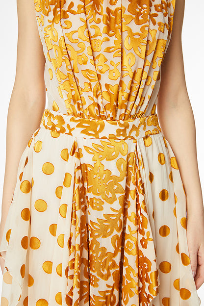 Rochie lunga de ocazie cu matase si buline aurii R7H20