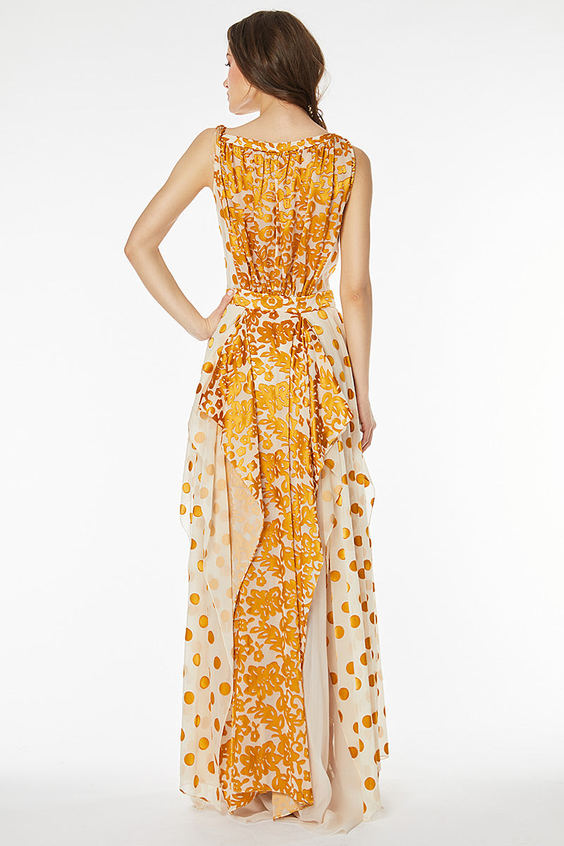 Rochie lunga de ocazie cu matase si buline aurii R7H20