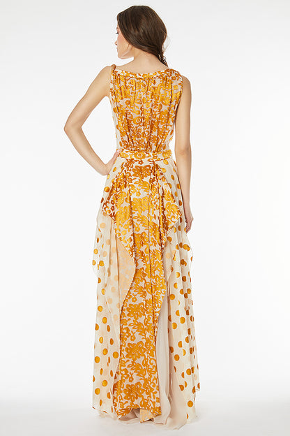 Rochie lunga de ocazie cu matase si buline aurii R7H20