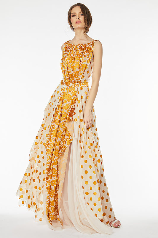 Rochie lunga de ocazie cu matase si buline aurii R7H20