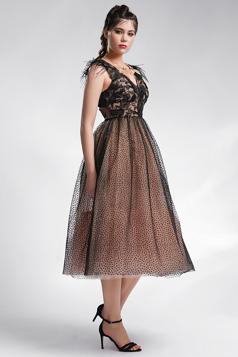 Rochie neagra eleganta de ocazie de dantela midi cu voal Alberta R7H21