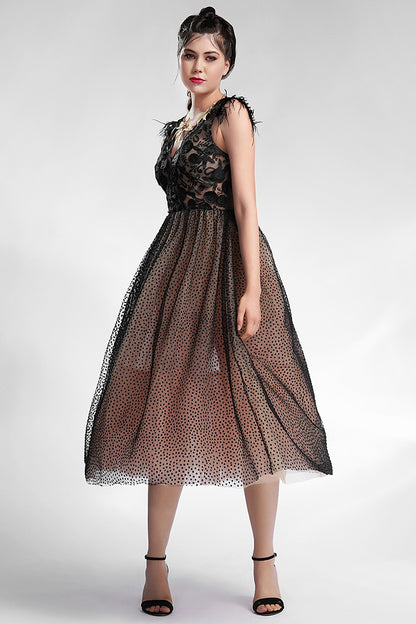 Rochie neagra eleganta de ocazie de dantela midi cu voal Alberta R7H21