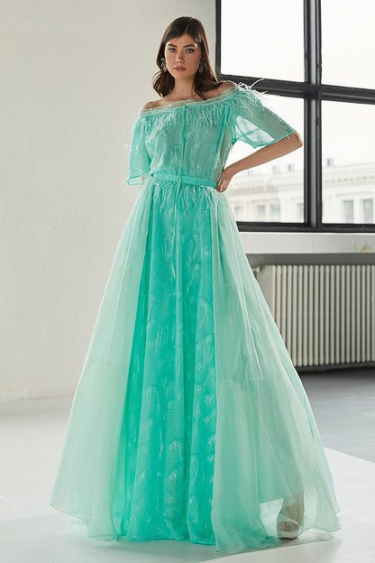 Rochia Greeny, lunga, din matase, de seara, fluida, verde, cu maneci scurte si umerii goi, R7H23