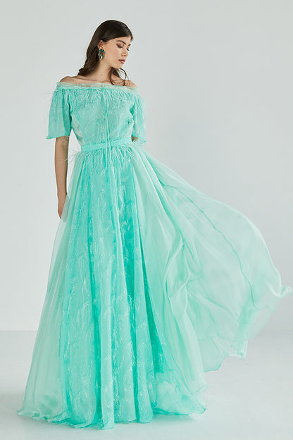 Rochia Greeny, lunga, din matase, de seara, fluida, verde, cu maneci scurte si umerii goi, R7H23