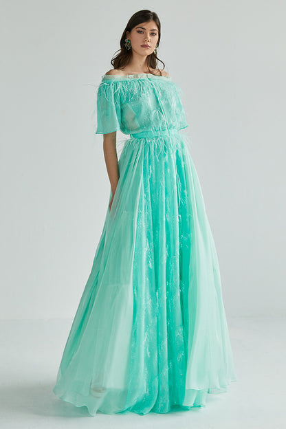 Rochia Greeny, lunga, din matase, de seara, fluida, verde, cu maneci scurte si umerii goi, R7H23