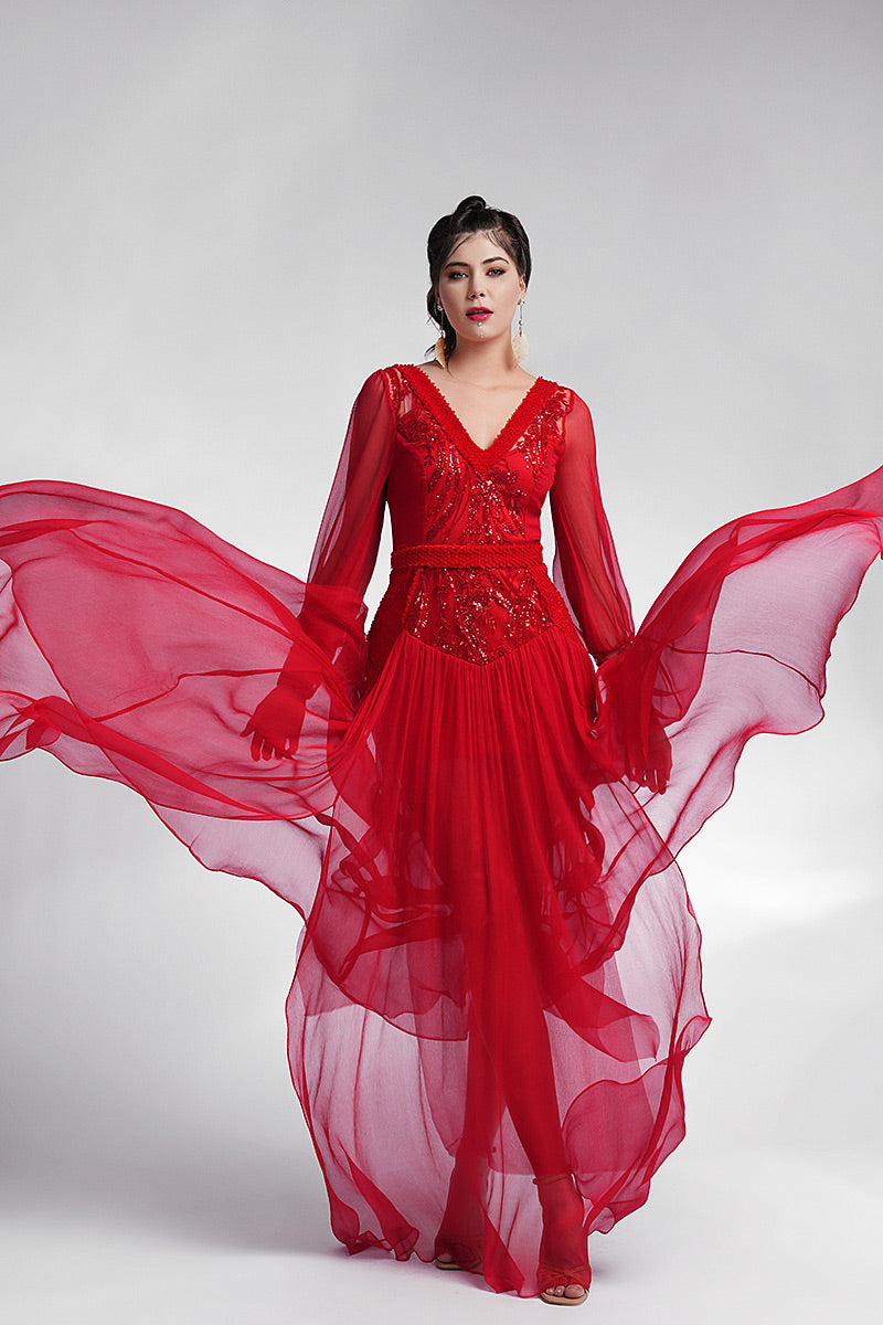 Rochie de seara lunga, de matase naturala cu maneci lungi si dantela Anaida