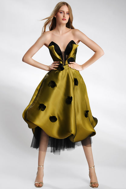 Rochia eleganta midi, din organza cu corsaj Rozia