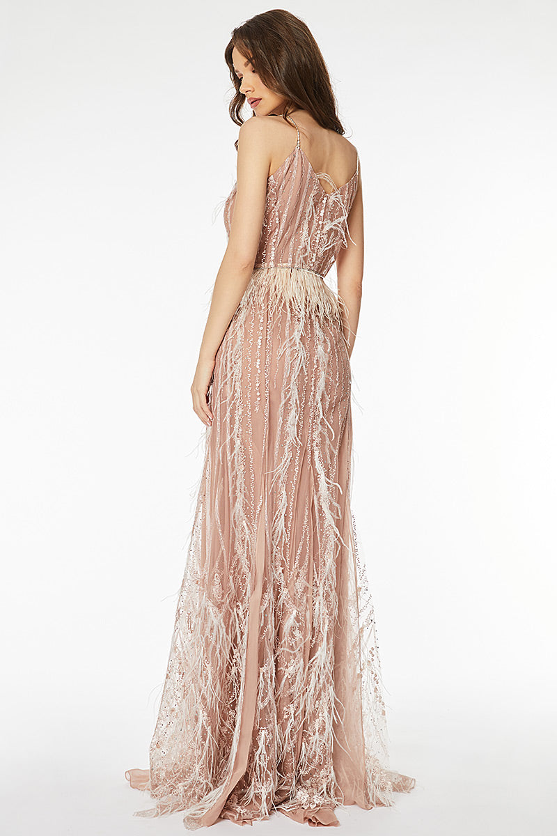 Rochie lunga de seara de lux cu broderie si pene cu slituri R8H20