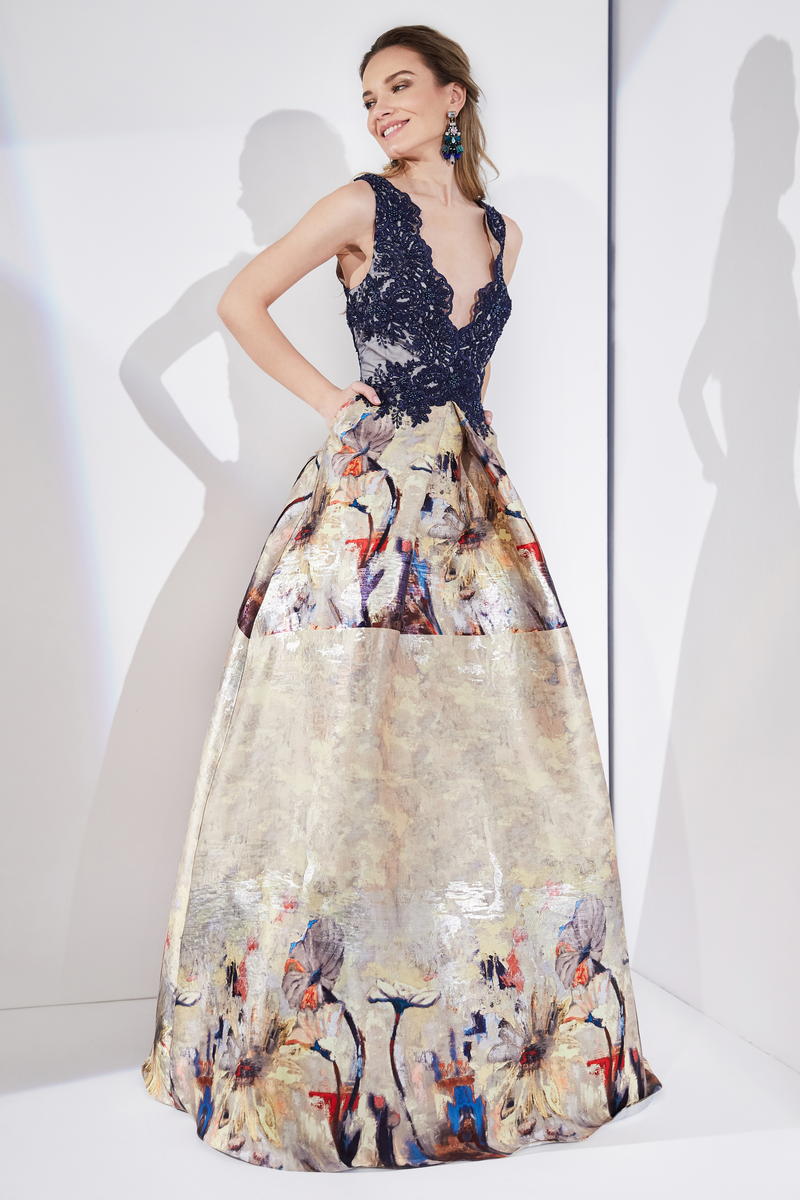 Rochie de seara lunga cu dantela si tafta pictata R8h21