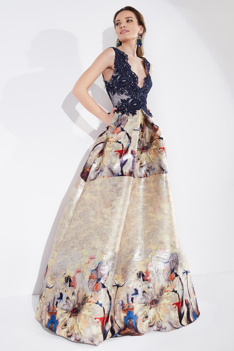 Rochie de seara lunga cu dantela si tafta pictata R8h21