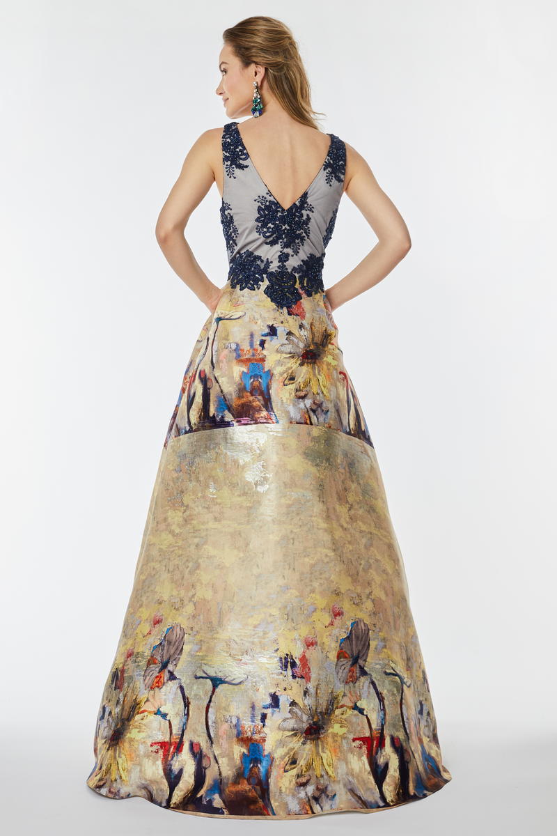 Rochie de seara lunga cu dantela si tafta pictata R8h21