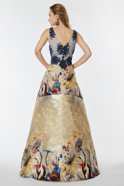 Rochie de seara lunga cu dantela si tafta pictata R8h21