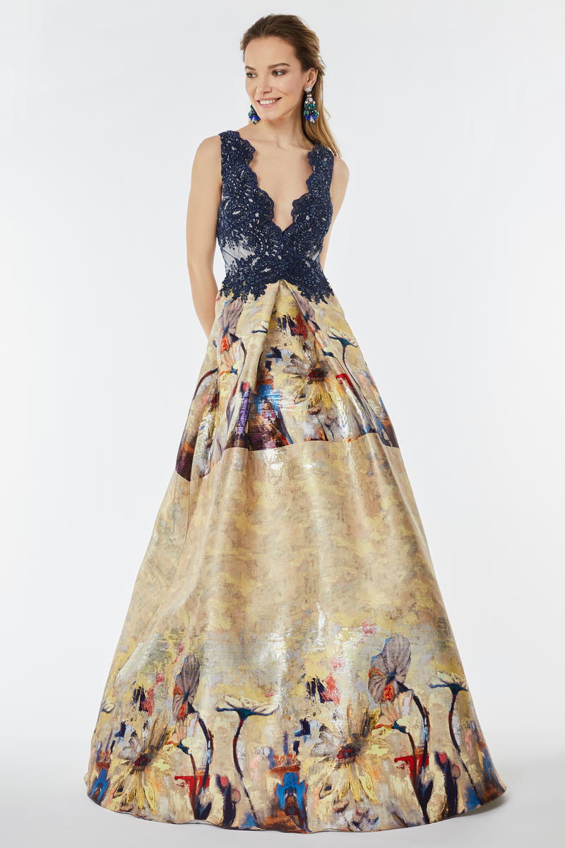 Rochie de seara lunga cu dantela si tafta pictata R8h21