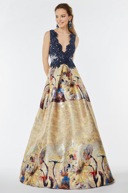 Rochie de seara lunga cu dantela si tafta pictata R8h21