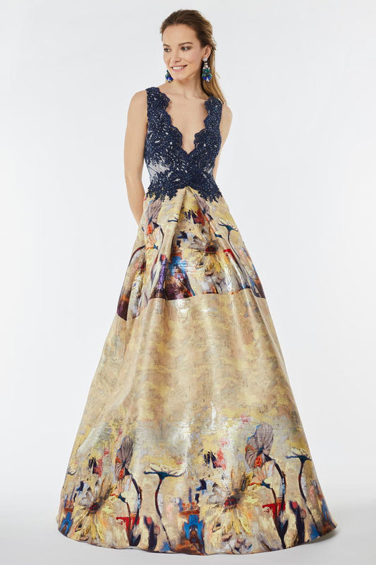 Rochie de seara lunga cu dantela si tafta pictata R8h21