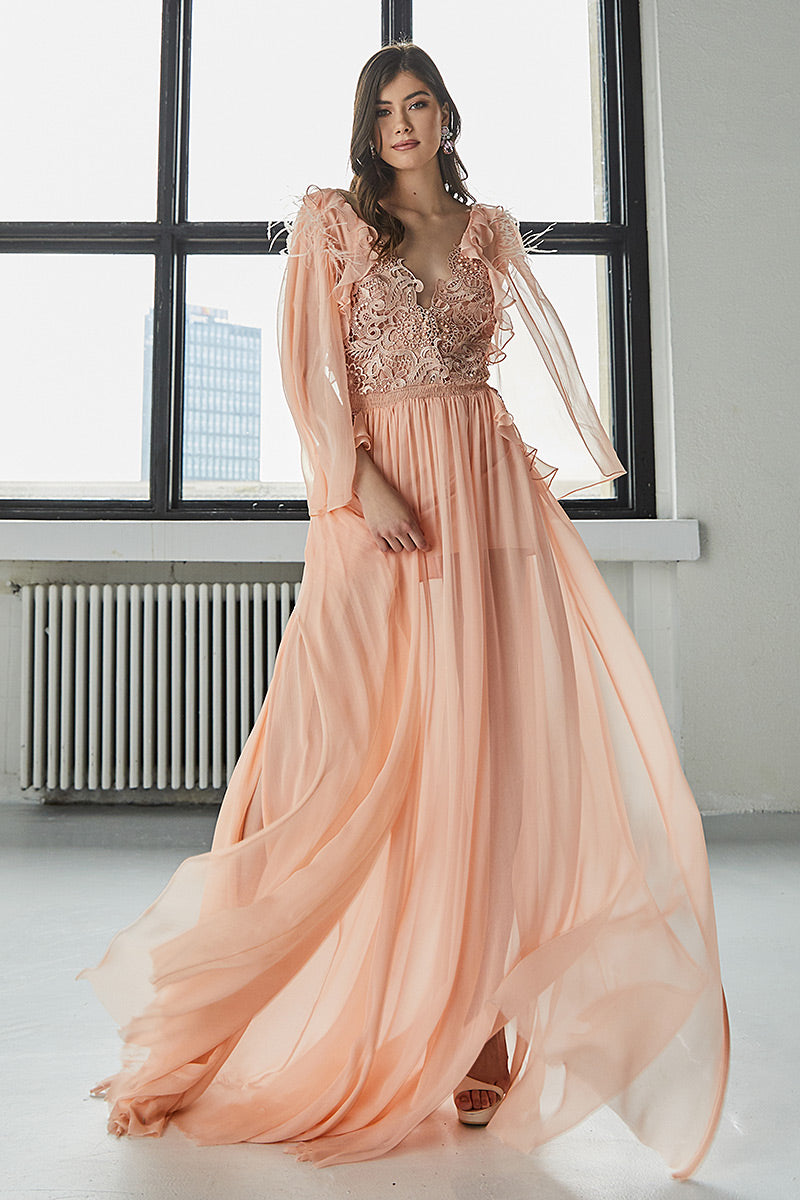 Rochia Strelitia, lunga, din matase naturala, de seara, cu maneci lungi si dantela, R8H23