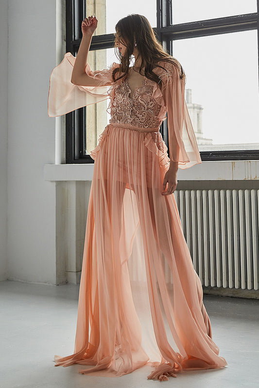 Rochia Strelitia, lunga, din matase naturala, de seara, cu maneci lungi si dantela, R8H23