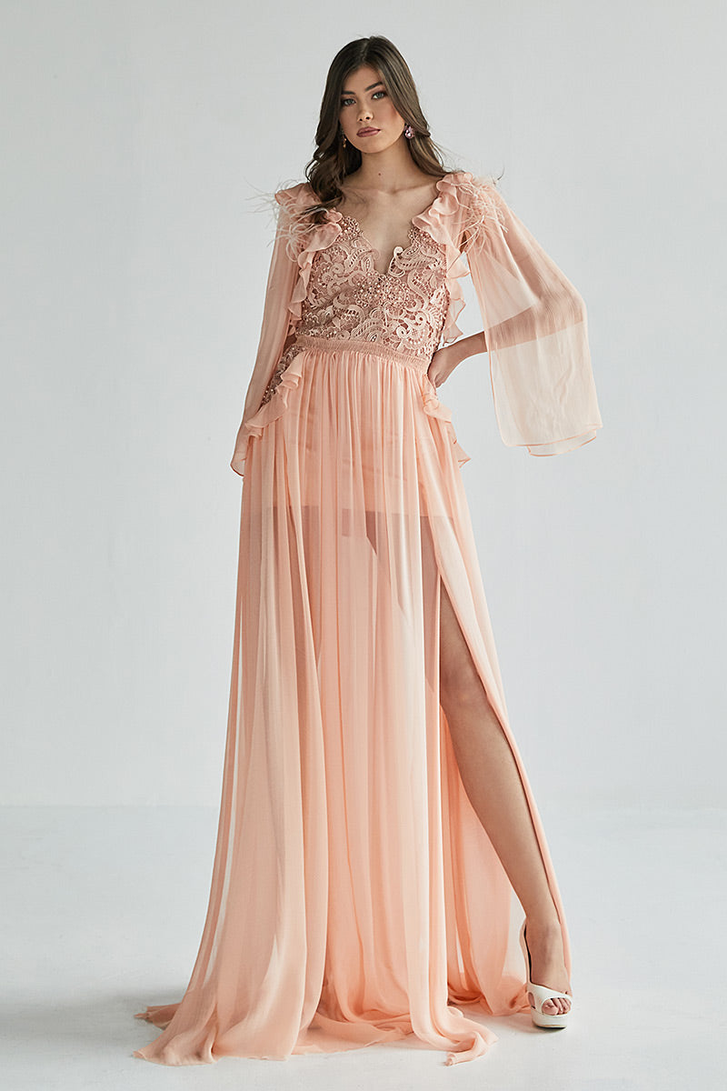 Rochia Strelitia, lunga, din matase naturala, de seara, cu maneci lungi si dantela, R8H23