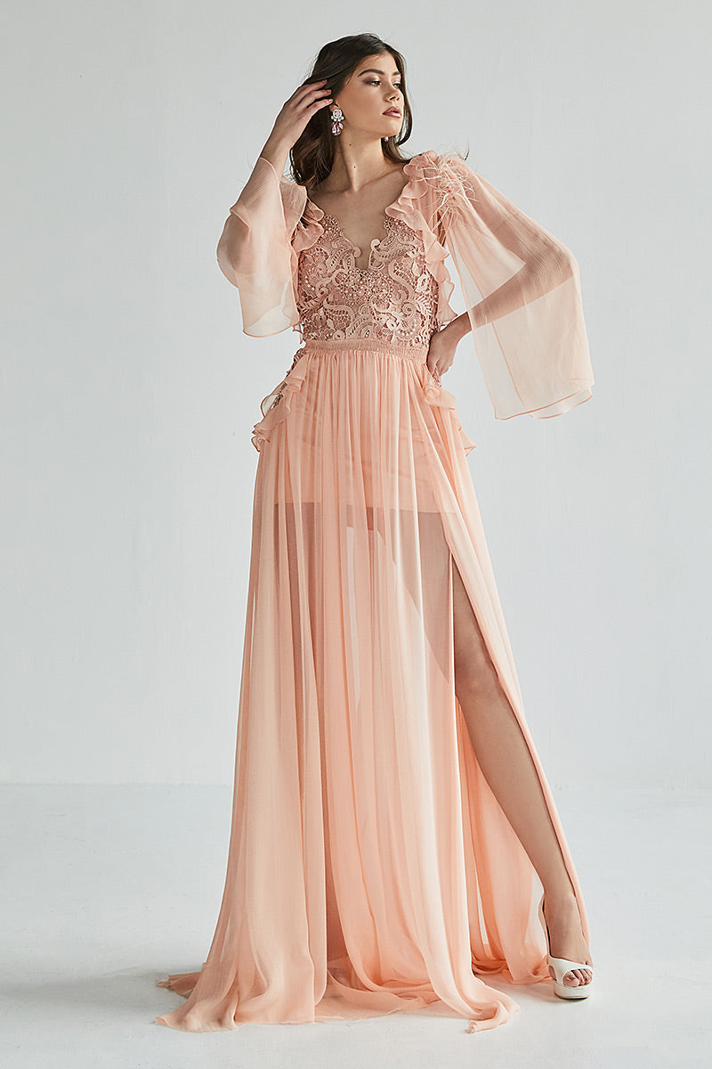 Rochia Strelitia, lunga, din matase naturala, de seara, cu maneci lungi si dantela, R8H23