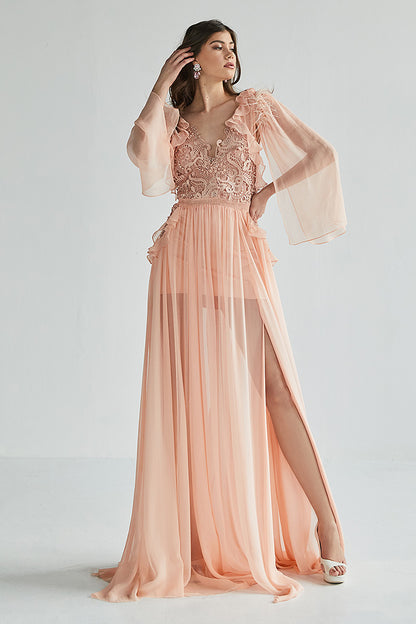 Rochia Strelitia, lunga, din matase naturala, de seara, cu maneci lungi si dantela, R8H23