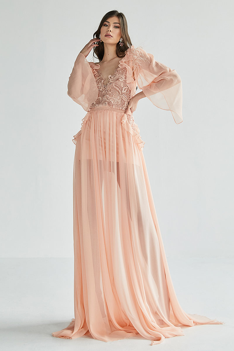 Rochia Strelitia, lunga, din matase naturala, de seara, cu maneci lungi si dantela, R8H23