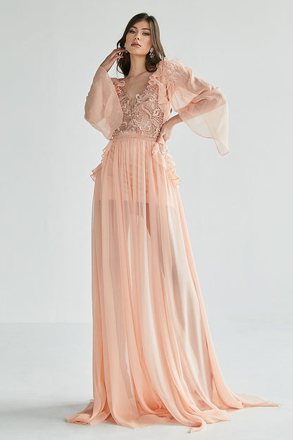 Rochia Strelitia, lunga, din matase naturala, de seara, cu maneci lungi si dantela, R8H23