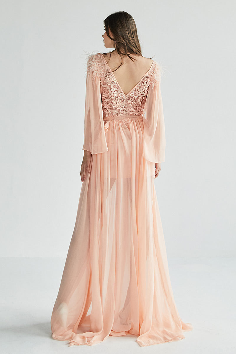 Rochia Strelitia, lunga, din matase naturala, de seara, cu maneci lungi si dantela, R8H23