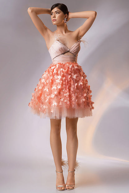 Rochia eleganta de ocazie scurta din matase naturala R8h24 Peachydream