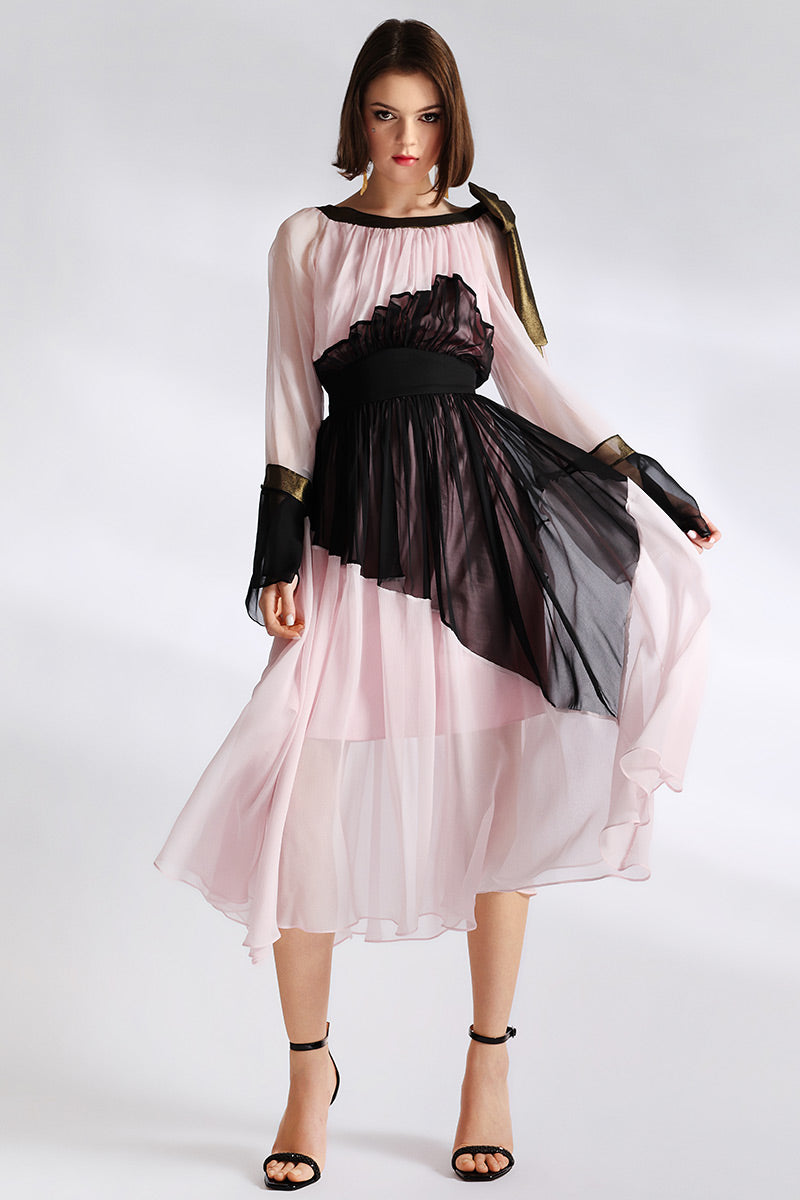 Rochie de seara Rozy, din matase naturala midi cu maneci lungi