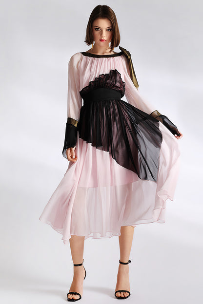 Rochie de seara Rozy, din matase naturala midi cu maneci lungi