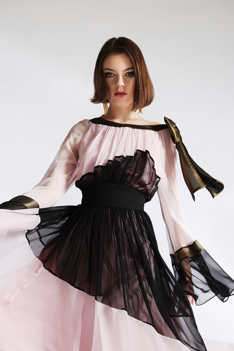 Rochie de seara Rozy, din matase naturala midi cu maneci lungi