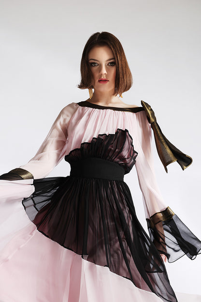 Rochie de seara Rozy, din matase naturala midi cu maneci lungi