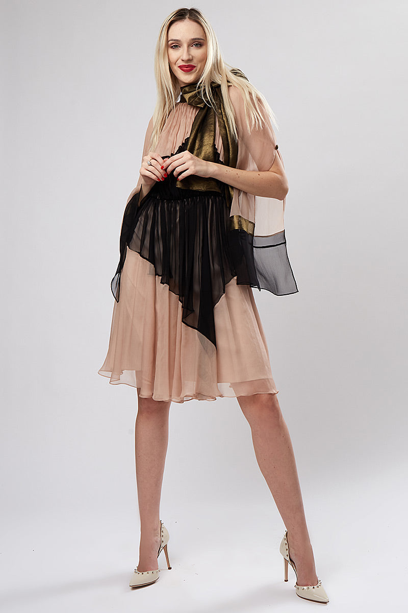 Rochie midi din matase cu maneci lungi si auriu Venetiana