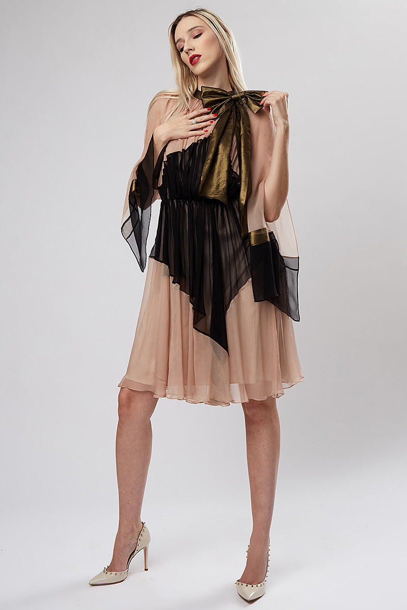 Rochie midi din matase cu maneci lungi si auriu Venetiana