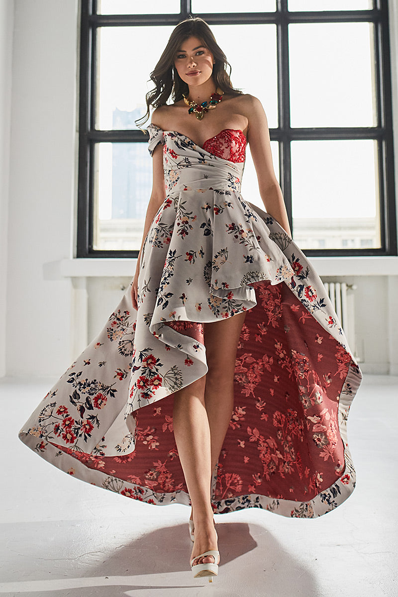 Rochie asimetrica lunga, de seara, din tafta, cu corsaj si dantela, Darina