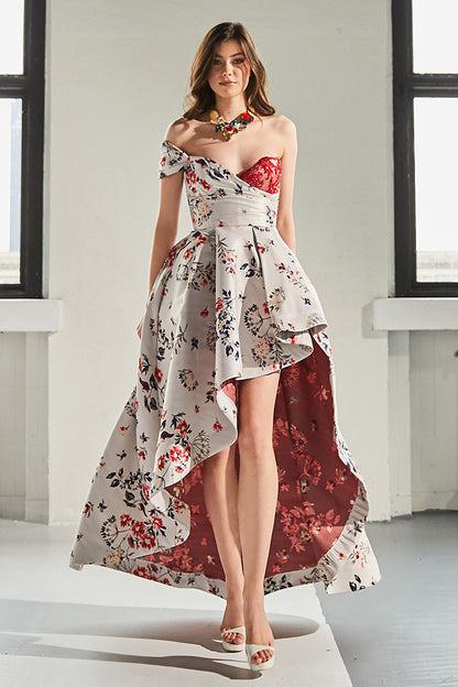 Rochie asimetrica lunga, de seara, din tafta, cu corsaj si dantela, Darina