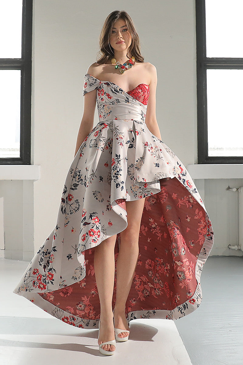 Rochie asimetrica lunga, de seara, din tafta, cu corsaj si dantela, Darina