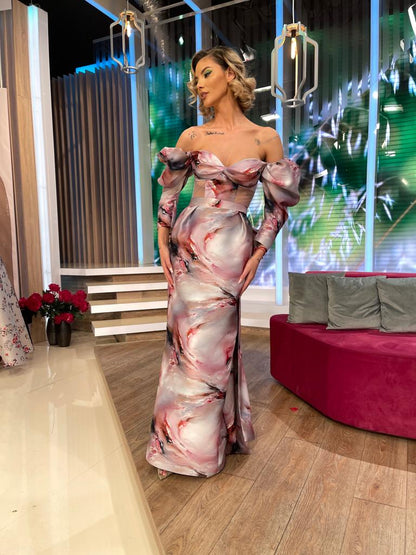 Rochie Tuberose lunga, de seara, din tafta, cu slit, cu corsaj si maneci scurte, R11H23