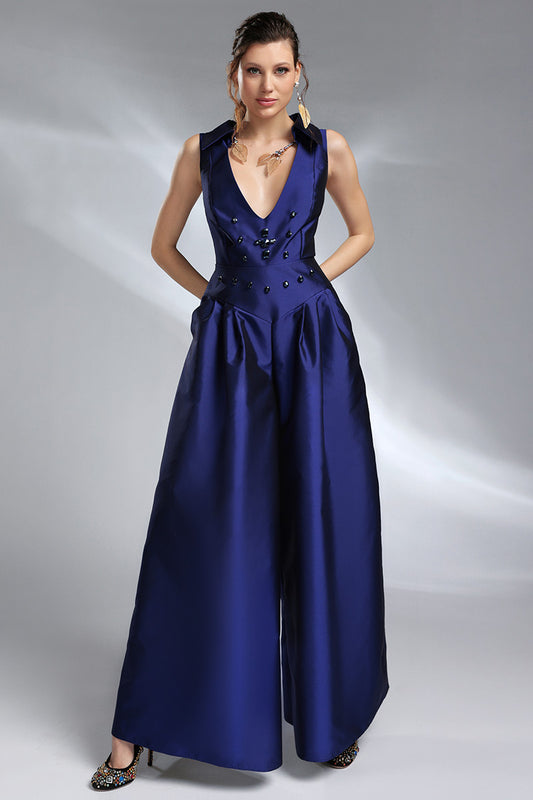 Raphaëlle, Salopetă din tafta cu decolteu în V și pantaloni extra-largi. Elegantă, modernă și realizată pe măsura ta.