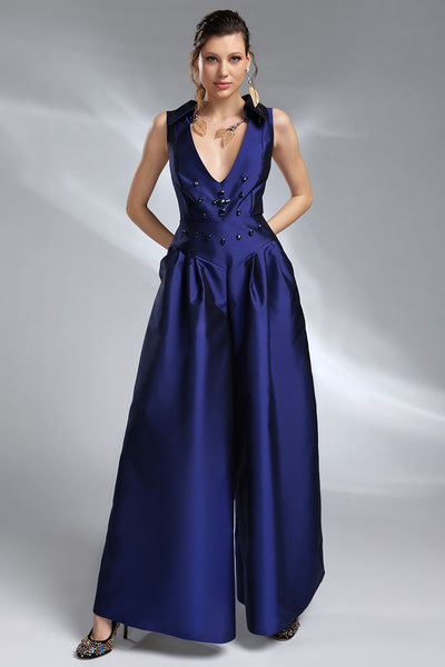 Raphaëlle, Salopetă din tafta cu decolteu în V și pantaloni extra-largi. Elegantă, modernă și realizată pe măsura ta.