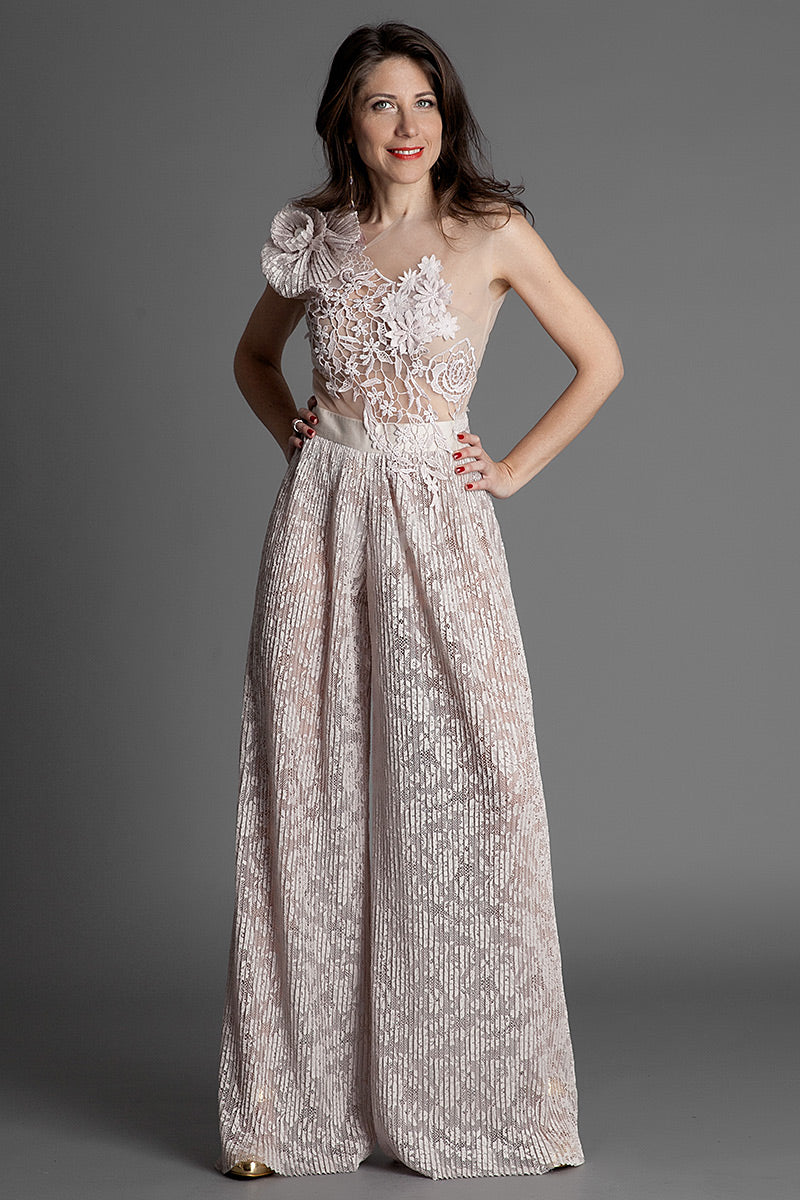 Salopeta eleganta de ocazie, asimetrica cu broderie si pliseu S2H17