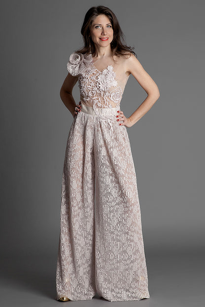 Salopeta eleganta de ocazie, asimetrica cu broderie si pliseu S2H17