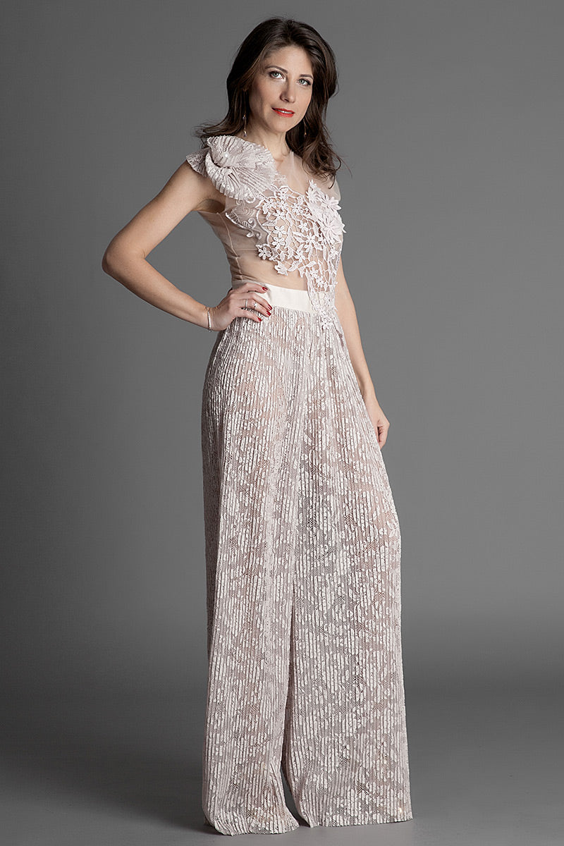 Salopeta eleganta de ocazie, asimetrica cu broderie si pliseu S2H17